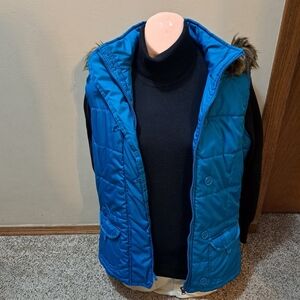 Blue Vanity Puffer Vest with Faux Fur Trim Y2K